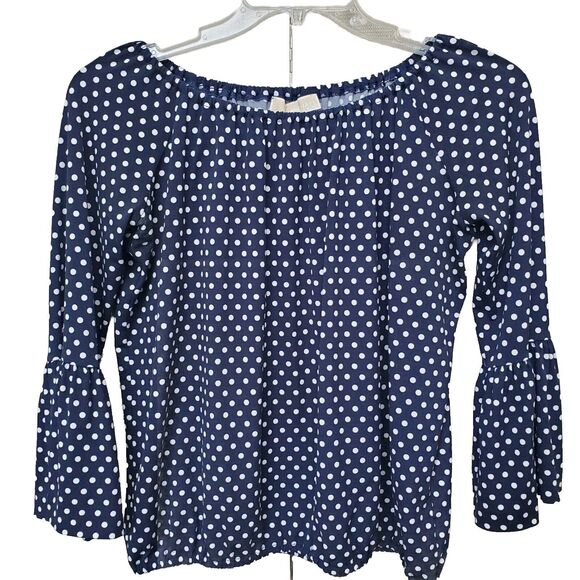 Michael Kors Navy Polka Dot Elastic Waist Bell Sleeve Blouse Size PL - Picture 1 of 7